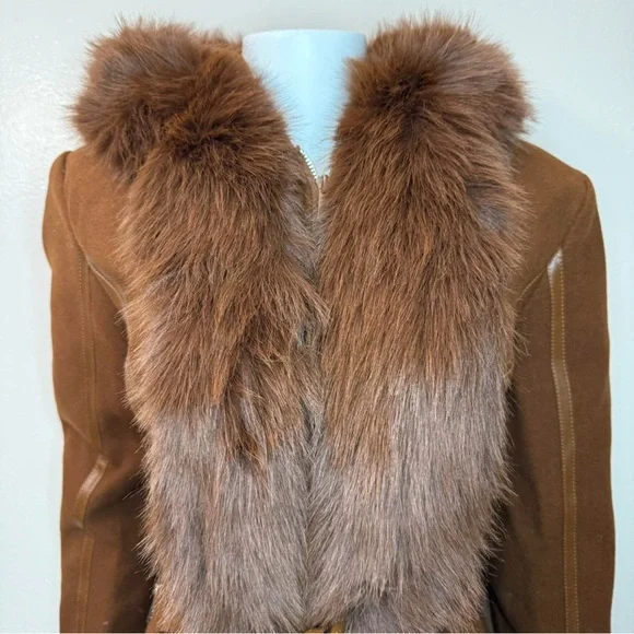 Brown faux fur belted hooded pea coat with faux leather trims - Picture 4 of 11